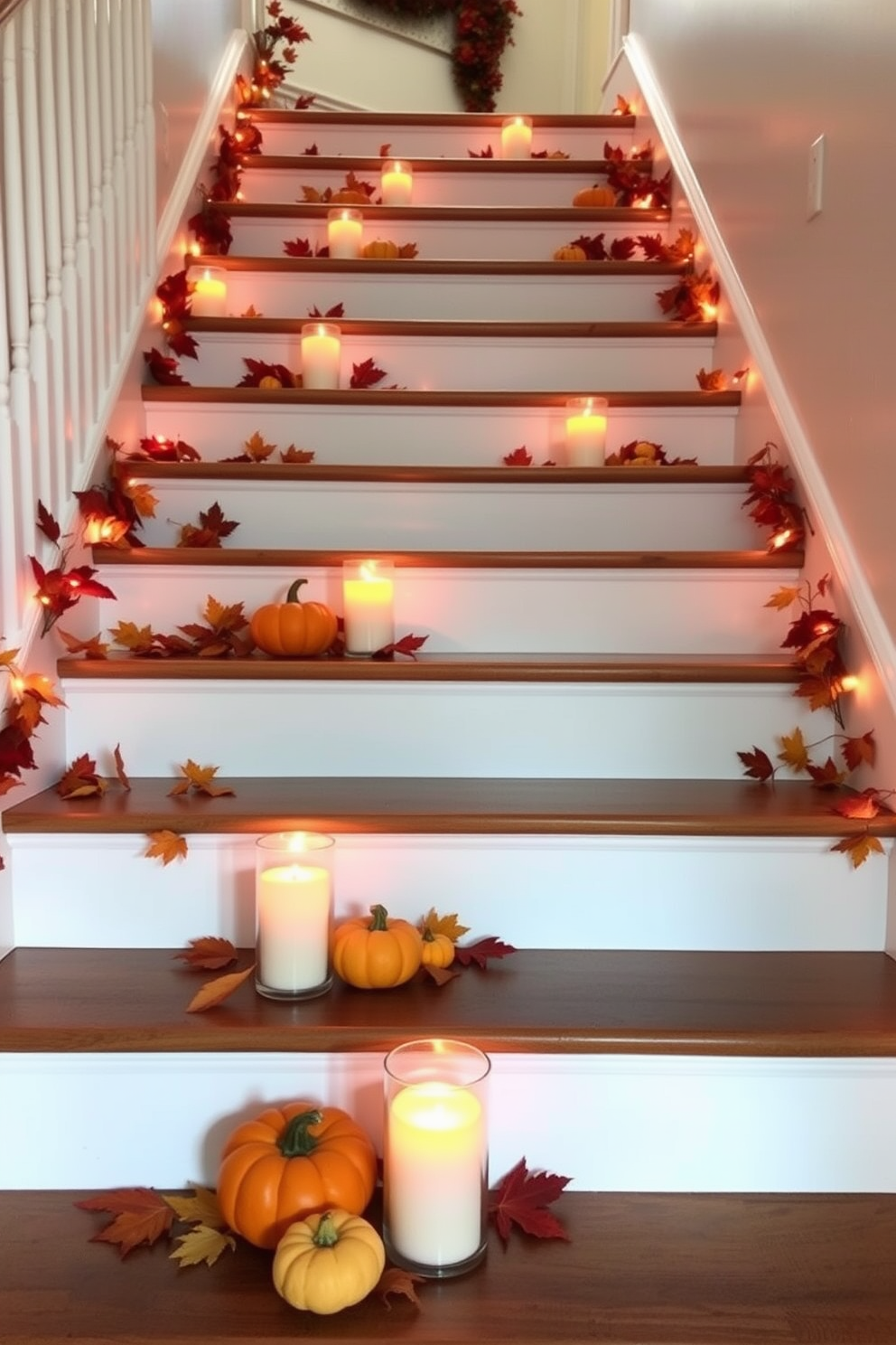 A warm and inviting staircase adorned with pumpkin spice scented candles creates a cozy atmosphere for Thanksgiving. The candles are placed on each step, surrounded by autumn leaves and small decorative pumpkins, enhancing the festive spirit.