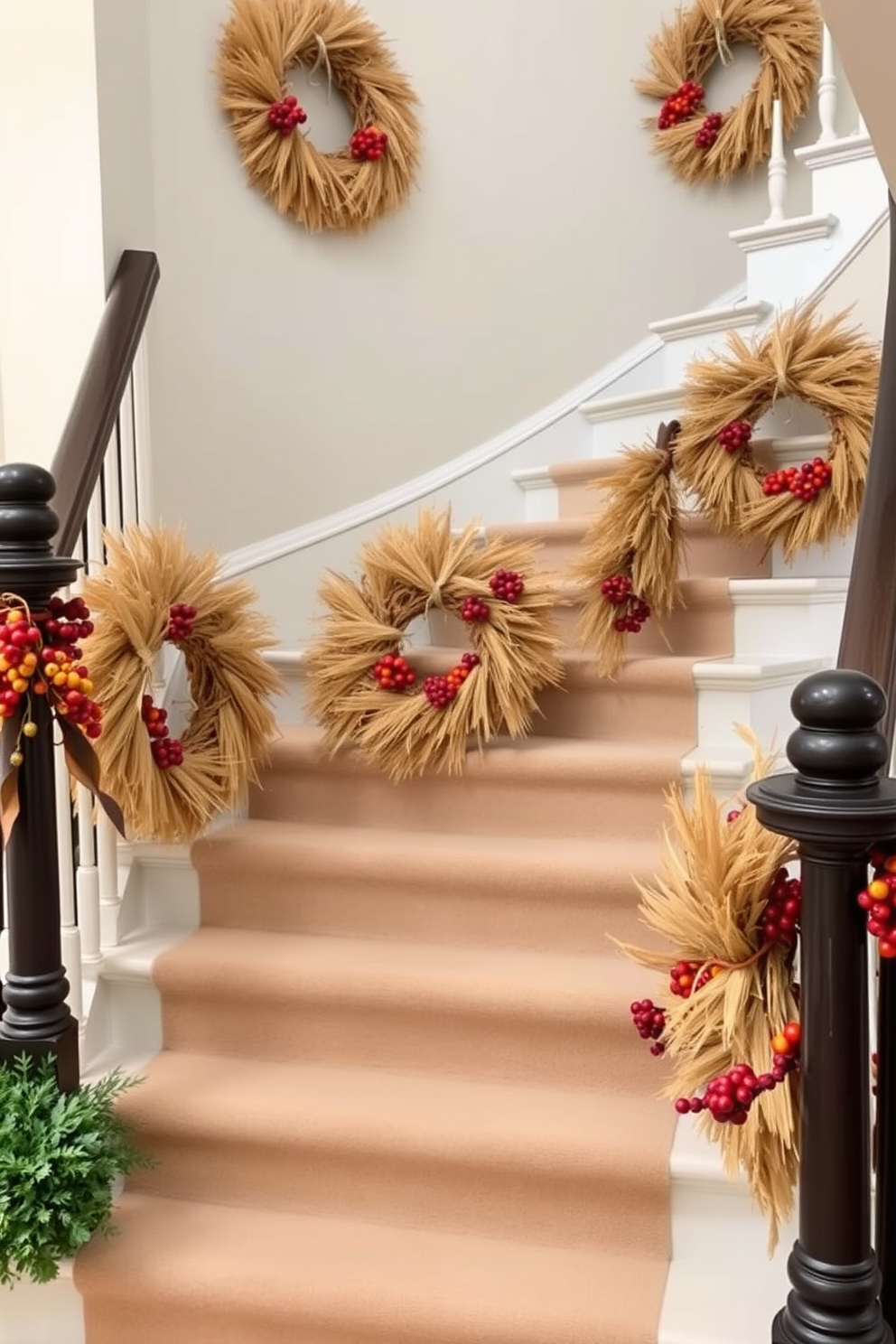 A beautifully decorated staircase adorned with wreaths made of wheat and berries. The warm colors of the wheat and the rich hues of the berries create a festive and inviting atmosphere for Thanksgiving.