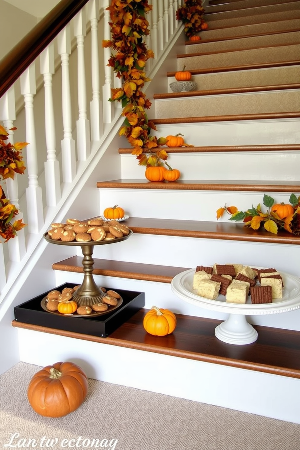 A beautifully decorated staircase featuring decorative trays filled with seasonal treats for Thanksgiving. The staircase is adorned with garlands of autumn leaves and small pumpkins, creating a warm and inviting atmosphere.