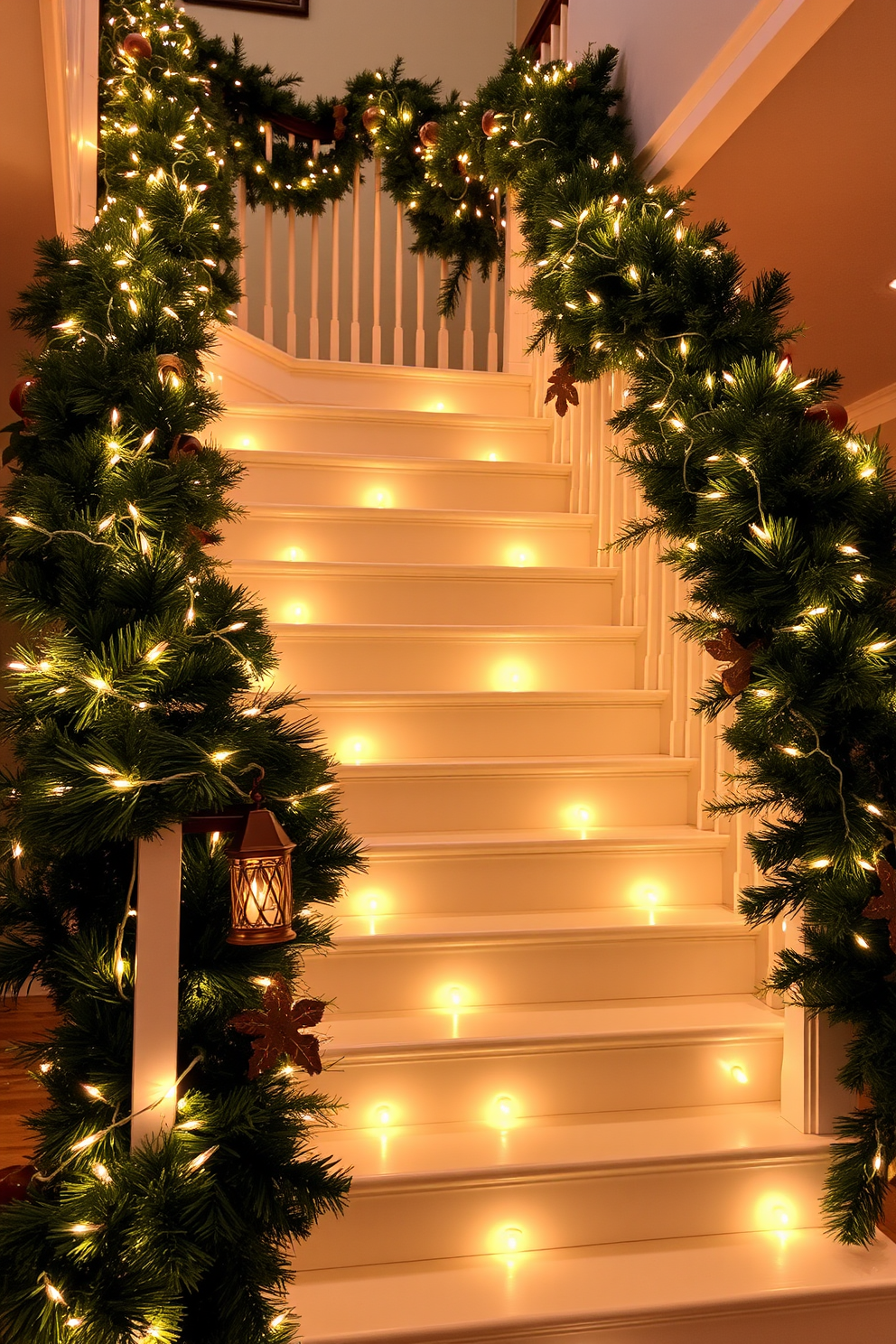 A beautifully decorated staircase adorned with string lights intertwined with lush garlands. The warm glow of the lights creates a cozy atmosphere, enhancing the festive spirit of Thanksgiving.