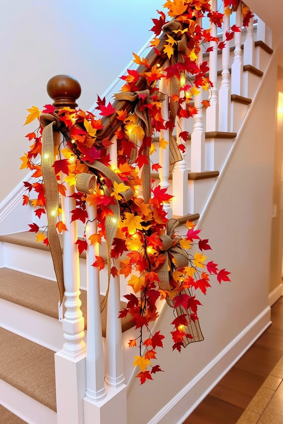 A warm and inviting staircase adorned with colorful fall foliage cascading down the banister. Vibrant leaves in shades of red, orange, and yellow are interspersed with twinkling fairy lights and rustic burlap ribbons for a festive Thanksgiving touch.