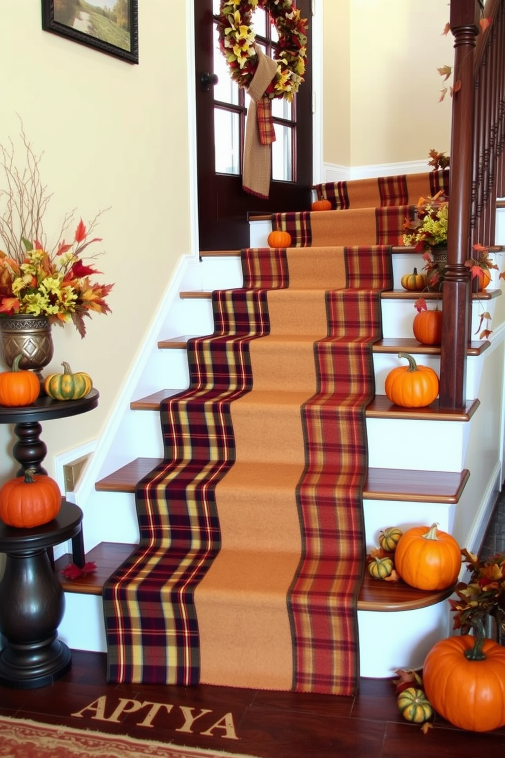 A warm and inviting staircase decorated for Thanksgiving features plaid fabric runners draped elegantly along the steps. The runners are in rich autumn colors, complementing the surrounding decor of pumpkins and seasonal foliage.