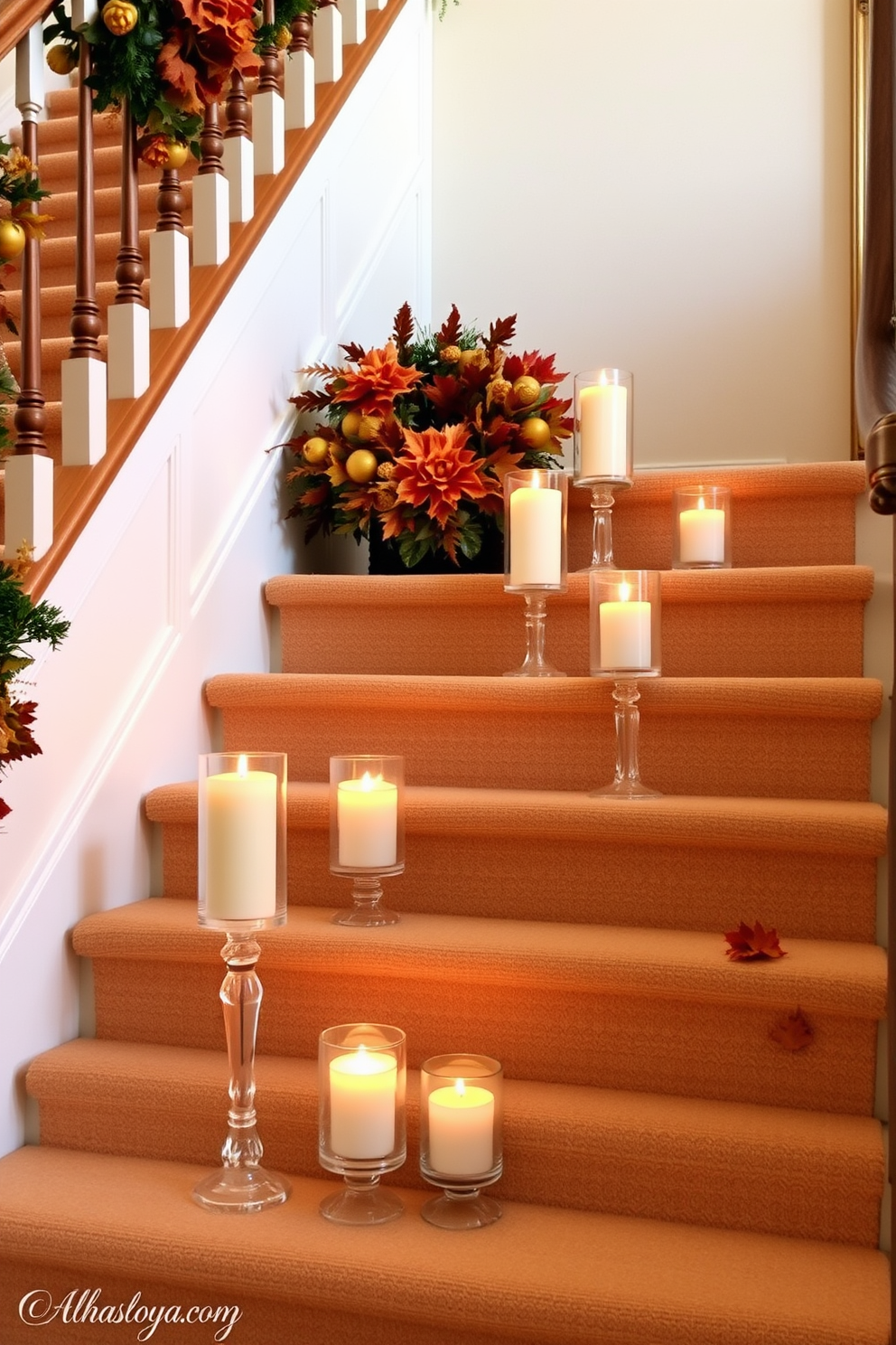 Candles in glass holders are elegantly arranged along the steps of a beautifully decorated staircase. The warm glow of the candles complements the autumn-themed decorations, creating a cozy and inviting atmosphere for Thanksgiving.