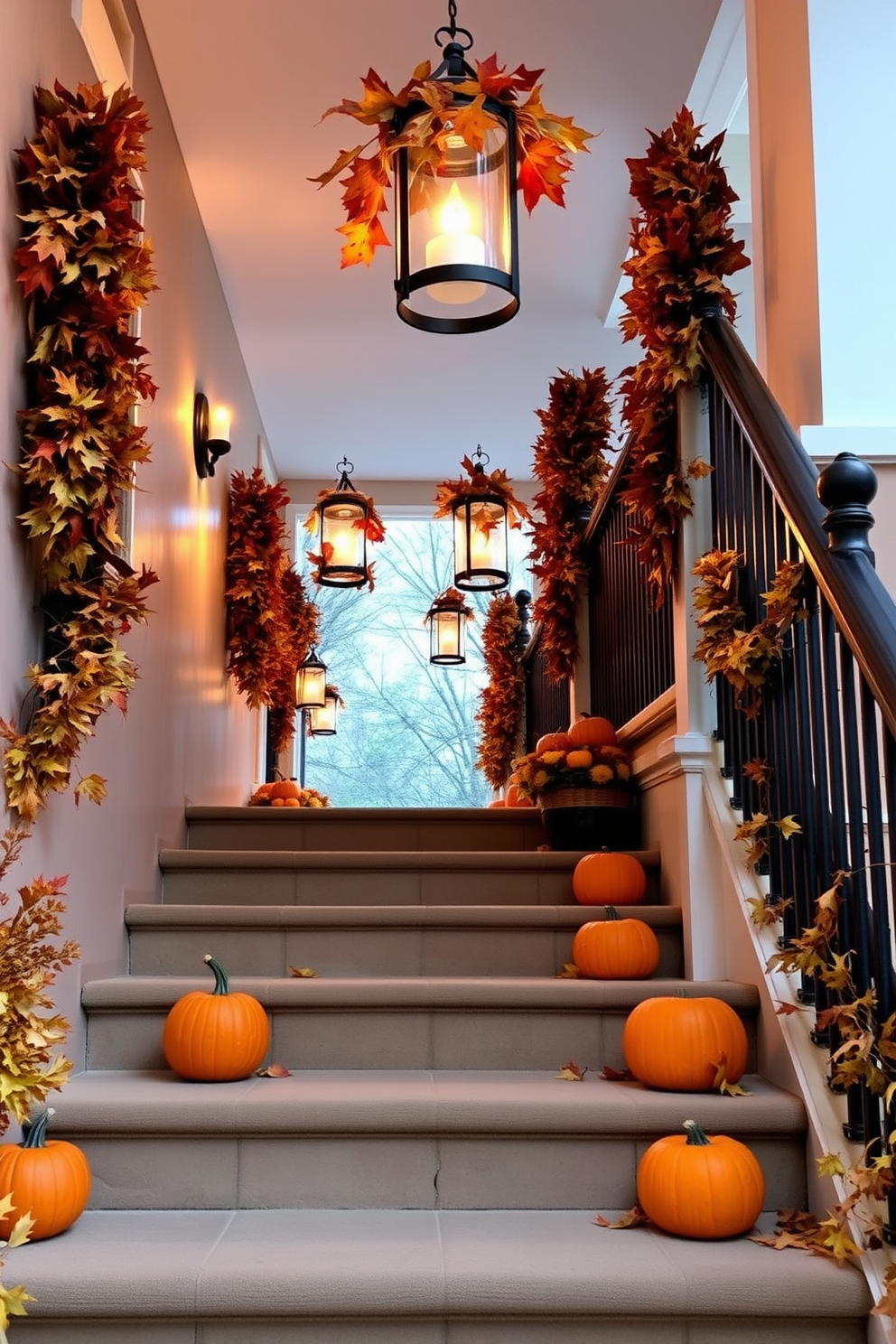 Hanging lanterns adorned with autumn leaves and warm candlelight create a cozy atmosphere along the staircase. The steps are lined with pumpkins and seasonal foliage, enhancing the festive Thanksgiving spirit.