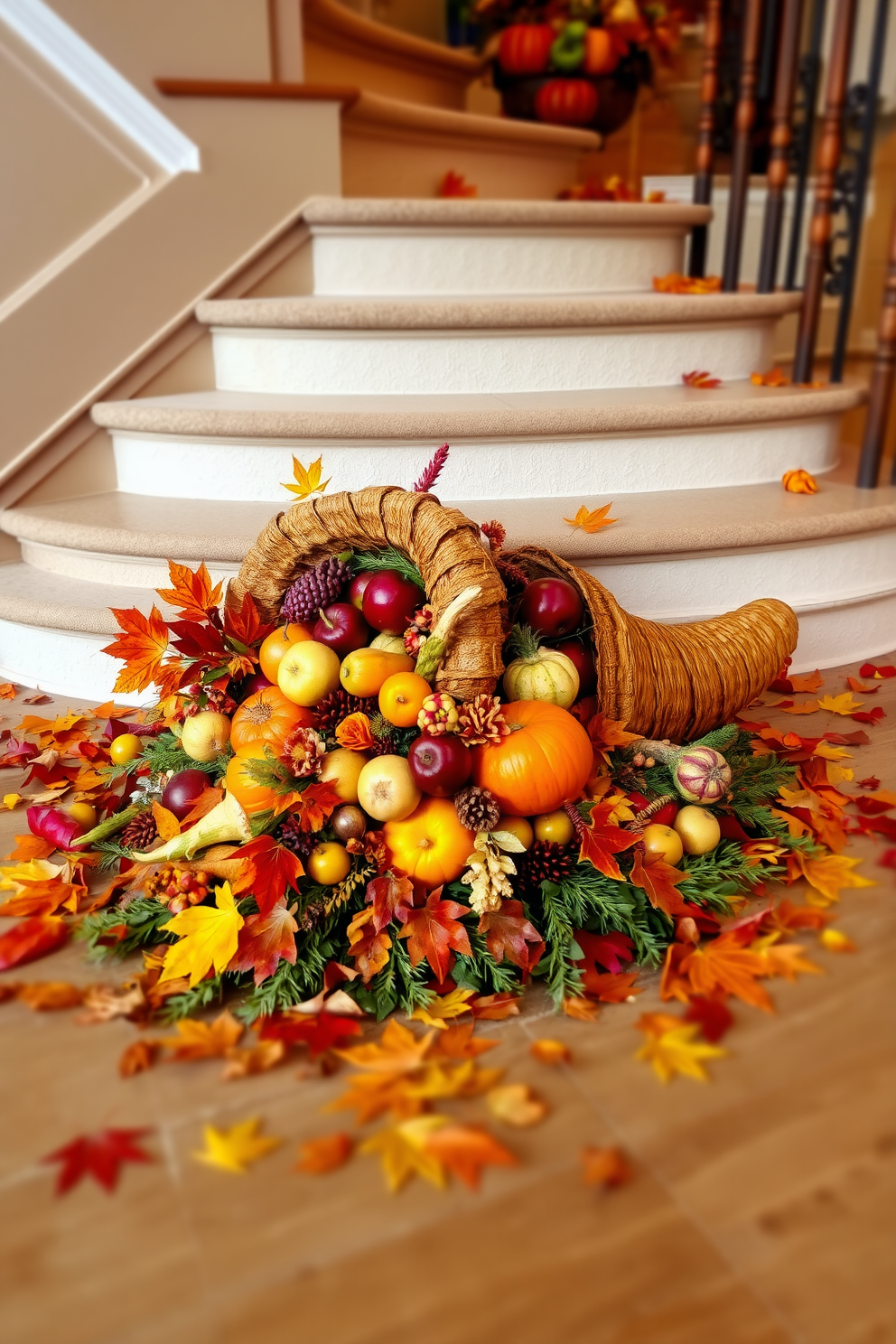 A stunning cornucopia centerpiece rests at the base of the staircase, overflowing with vibrant autumn fruits and vegetables. Surrounding the cornucopia are scattered leaves in rich hues of orange, red, and gold, enhancing the festive Thanksgiving atmosphere.