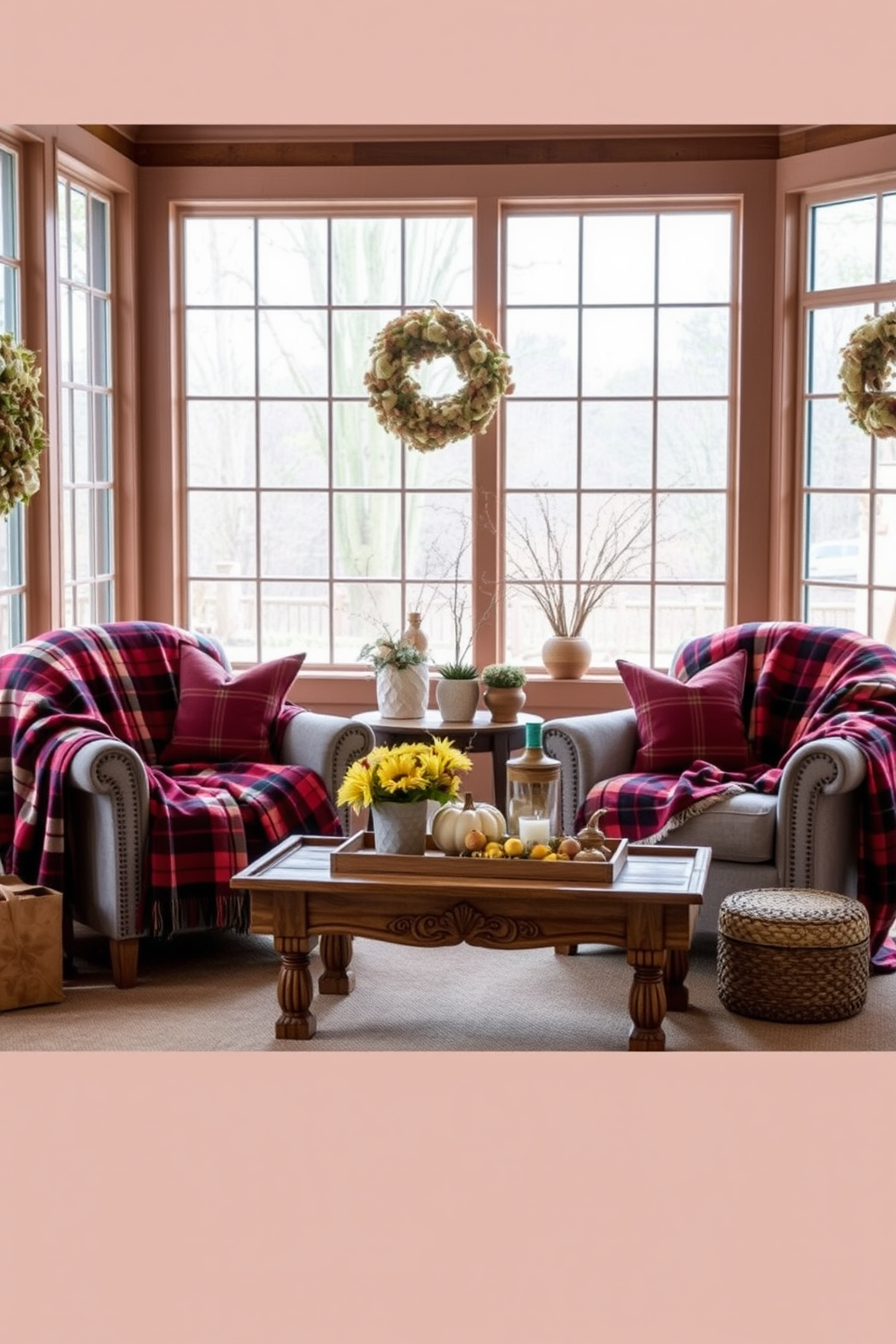 Cozy plaid throw blankets draped over comfortable chairs create a warm and inviting atmosphere in the sunroom. Soft natural light filters through large windows, highlighting seasonal decorations and a rustic wooden coffee table adorned with autumn-themed accents.