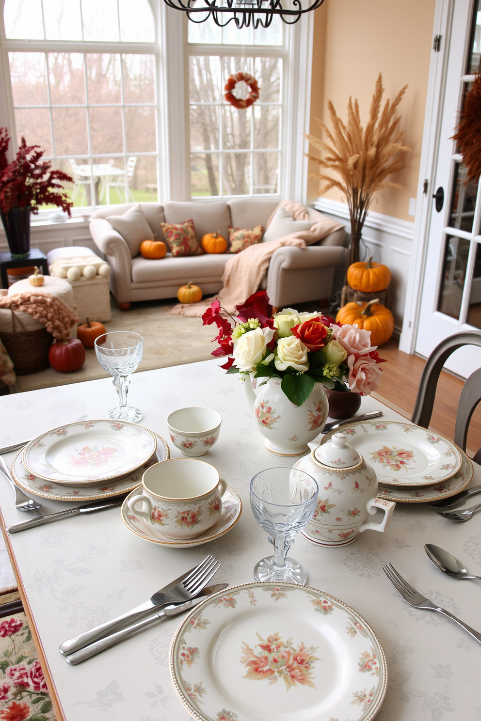 Vintage-inspired dishware for dining. The table is set with intricate floral patterns and delicate porcelain, complemented by polished silver cutlery and crystal glassware. Thanksgiving Sunroom Decorating Ideas. The sunroom features warm autumn colors with plush seating, cozy blankets, and decorative pumpkins scattered throughout the space.