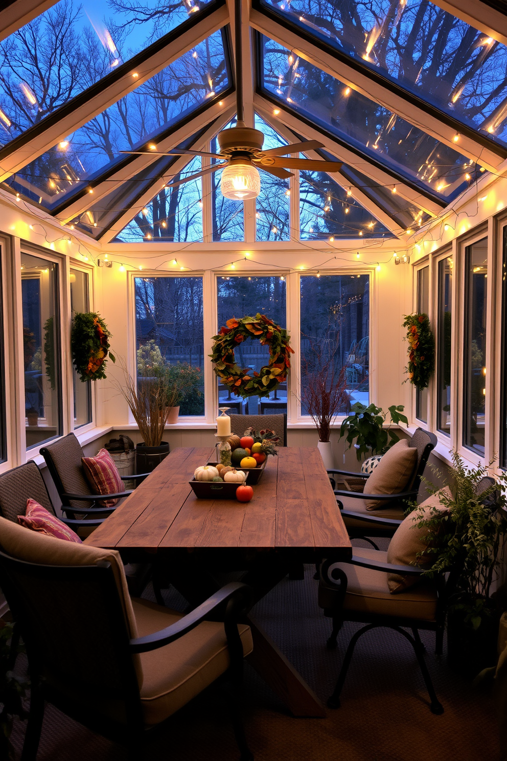 A cozy sunroom adorned with string lights casting a warm, festive glow. The space features a rustic wooden table surrounded by comfortable chairs, with autumn-themed decorations and a centerpiece of seasonal fruits.