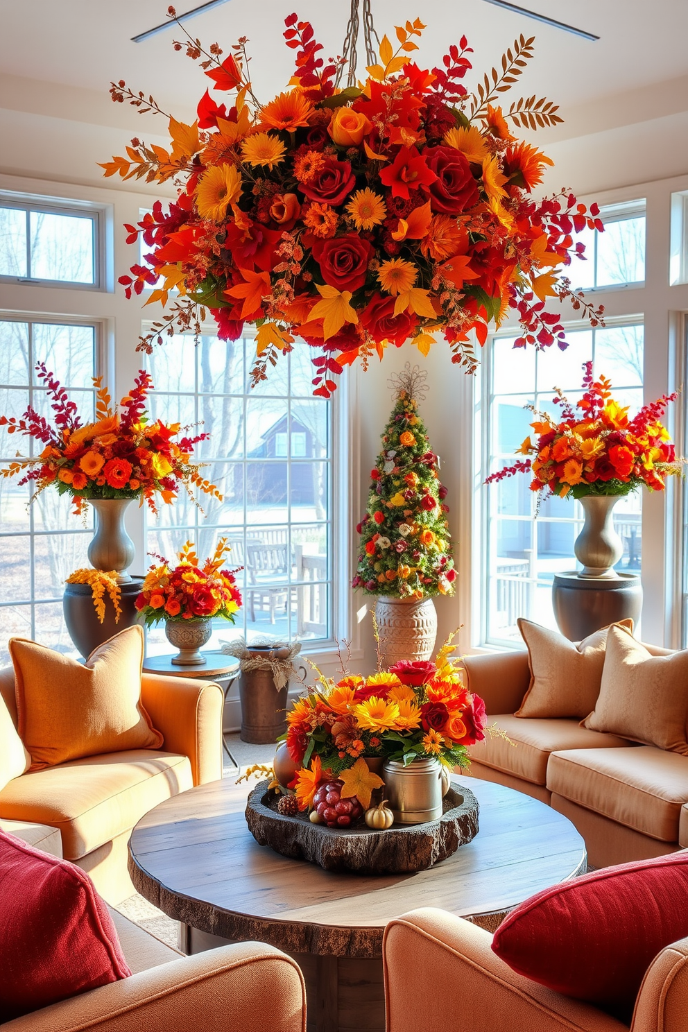 Floral arrangements featuring rich fall colors are artfully displayed in a sunroom filled with natural light. The vibrant hues of oranges, reds, and yellows complement the cozy atmosphere, creating a warm and inviting space perfect for Thanksgiving gatherings. Plush seating in soft earth tones surrounds a rustic wooden coffee table adorned with seasonal decor. Large windows frame the picturesque outdoor scenery, enhancing the festive ambiance while allowing the beauty of nature to be part of the celebration.