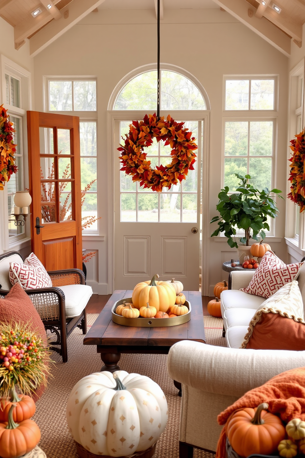 A charming sunroom adorned for Thanksgiving features a seasonal wreath on the door made of vibrant autumn leaves and berries. Inside, plush seating is arranged around a rustic wooden coffee table, surrounded by pumpkins and warm, inviting textiles.