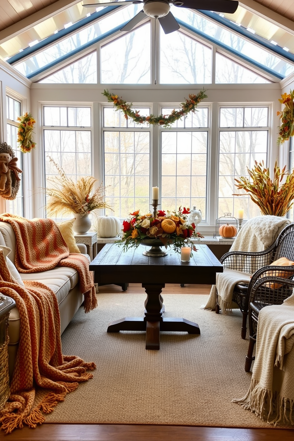 A cozy sunroom filled with natural light. Textured throws in warm autumn colors are elegantly draped over a plush sofa and a wicker chair, inviting relaxation. The walls are adorned with seasonal decorations that reflect the spirit of Thanksgiving. A rustic wooden table in the center is set with a beautiful floral arrangement and candles, creating a welcoming atmosphere.