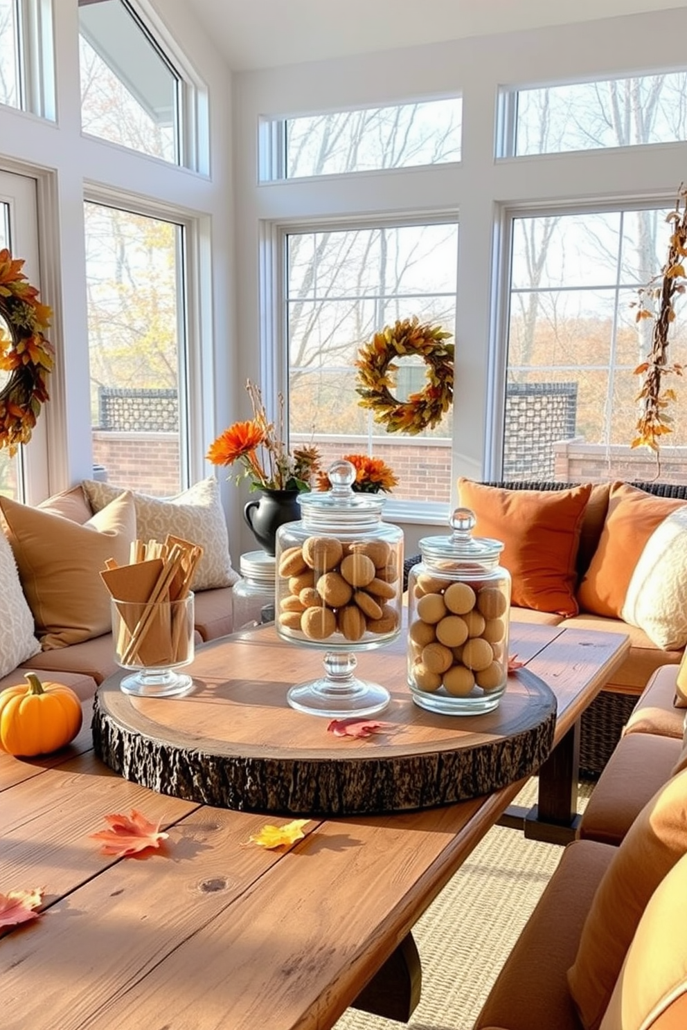 A cozy sunroom adorned for Thanksgiving features large windows allowing natural light to flood the space. Glass jars filled with seasonal treats such as pumpkin spice cookies and caramel apples are artfully arranged on a rustic wooden table. Plush seating with warm-toned cushions invites guests to relax and enjoy the festive atmosphere. Autumn-themed decorations like colorful leaves and small pumpkins are scattered throughout, enhancing the seasonal charm.