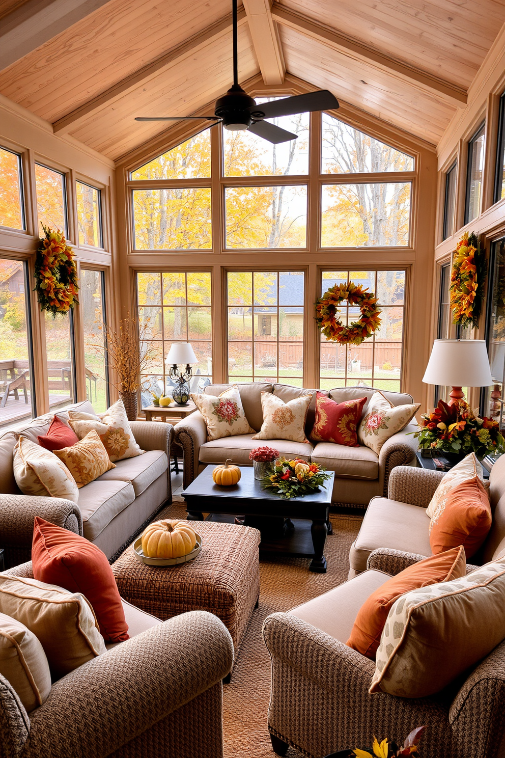 A cozy sunroom filled with comfortable seating arrangements featuring plush sofas and oversized armchairs. The space is adorned with an array of extra pillows in warm autumn colors, creating an inviting atmosphere perfect for Thanksgiving gatherings. Large windows allow natural light to flood the room, showcasing views of the fall foliage outside. Decorative elements such as pumpkins and seasonal wreaths enhance the festive spirit, making it a perfect spot for family and friends to relax.