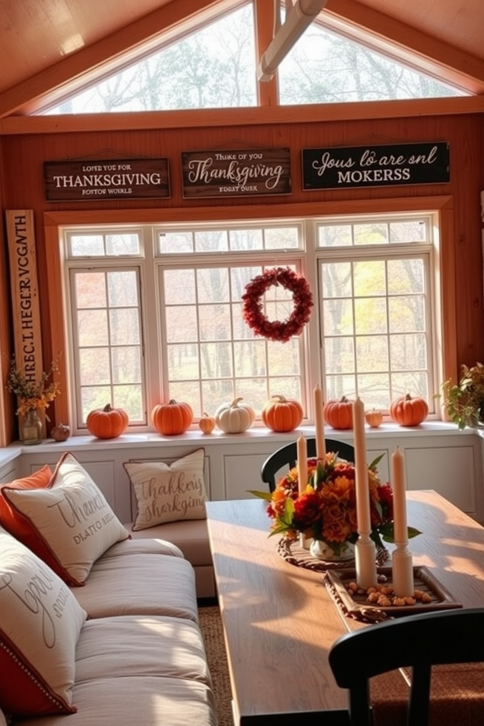 Charming signs with Thanksgiving quotes adorn the walls of a bright sunroom filled with natural light. The decor features warm autumn colors, with pumpkins and fall leaves arranged on the window sills, creating a cozy and inviting atmosphere. Thanksgiving-themed pillows in rich orange and gold hues are scattered across a comfortable seating area. A rustic wooden table is set for a festive gathering, complete with a centerpiece of seasonal flowers and candles.