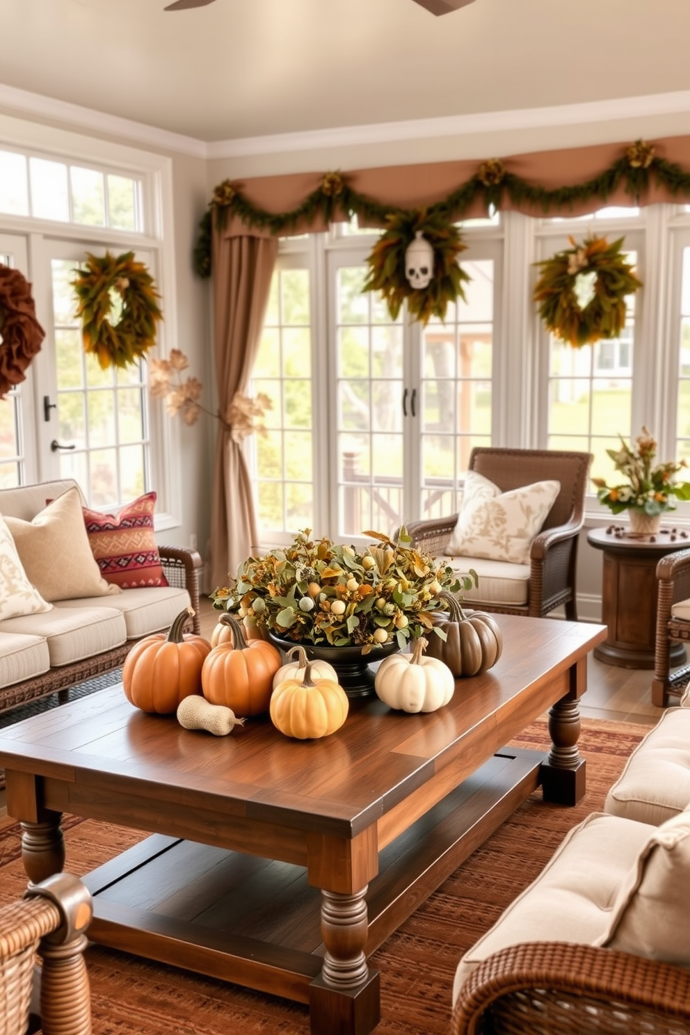 A cozy sunroom adorned for Thanksgiving features a wooden coffee table at the center. On the table, a collection of pumpkin centerpieces in varying sizes and colors creates a festive focal point. Surrounding the table, comfortable seating with plush cushions invites relaxation. Soft natural light filters through large windows, enhancing the warm autumnal ambiance.