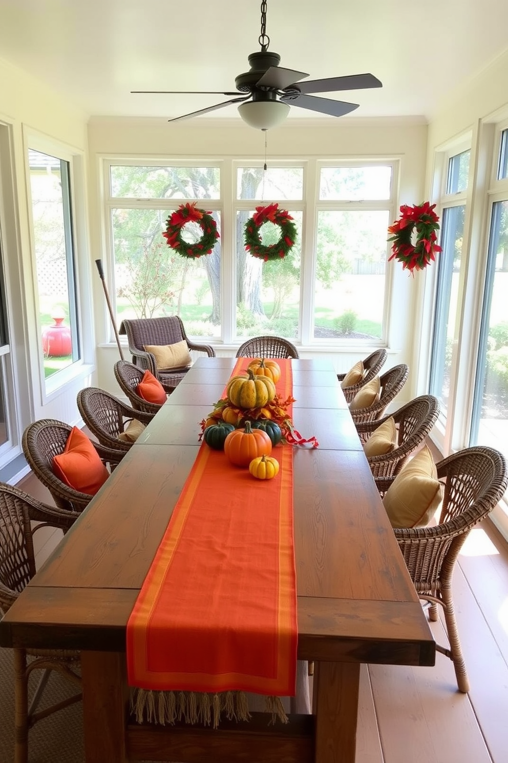 A bright and inviting sunroom features a long wooden dining table adorned with colorful table runners in shades of orange, red, and gold. Surrounding the table are comfortable wicker chairs, each topped with plush cushions that complement the festive theme. Large windows allow natural light to flood the space, showcasing autumn decorations like pumpkins and fall leaves scattered across the table. The walls are painted in a soft cream color, enhancing the warm and cheerful atmosphere perfect for Thanksgiving gatherings.