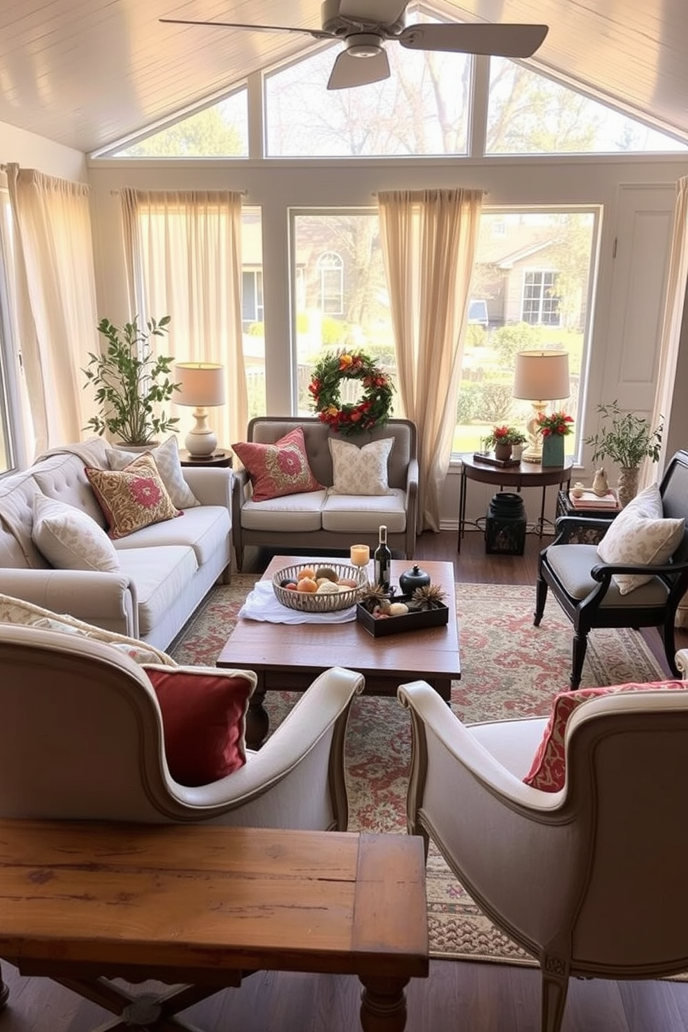 A cozy sunroom filled with mixed seating styles that invite relaxation and conversation. A combination of a plush sectional sofa, vintage armchairs, and a rustic wooden bench creates a casual and inviting atmosphere for Thanksgiving gatherings. Soft, warm lighting filters through sheer curtains, enhancing the welcoming vibe of the space. Decorative throw pillows in autumn colors and a large central coffee table adorned with seasonal decor complete the festive look.