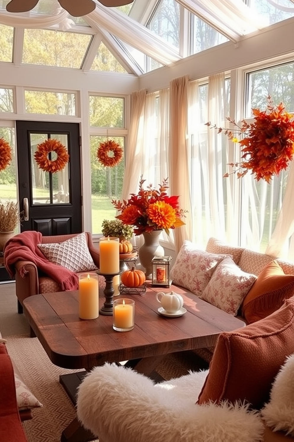 A cozy sunroom filled with natural light and adorned with seasonal decorations. Scented candles in warm autumn fragrances are placed on a rustic wooden table surrounded by plush seating. Soft throw blankets in rich colors add warmth to the space while vibrant fall foliage is displayed in decorative vases. The windows are dressed with sheer curtains that flutter gently in the breeze, enhancing the inviting atmosphere.