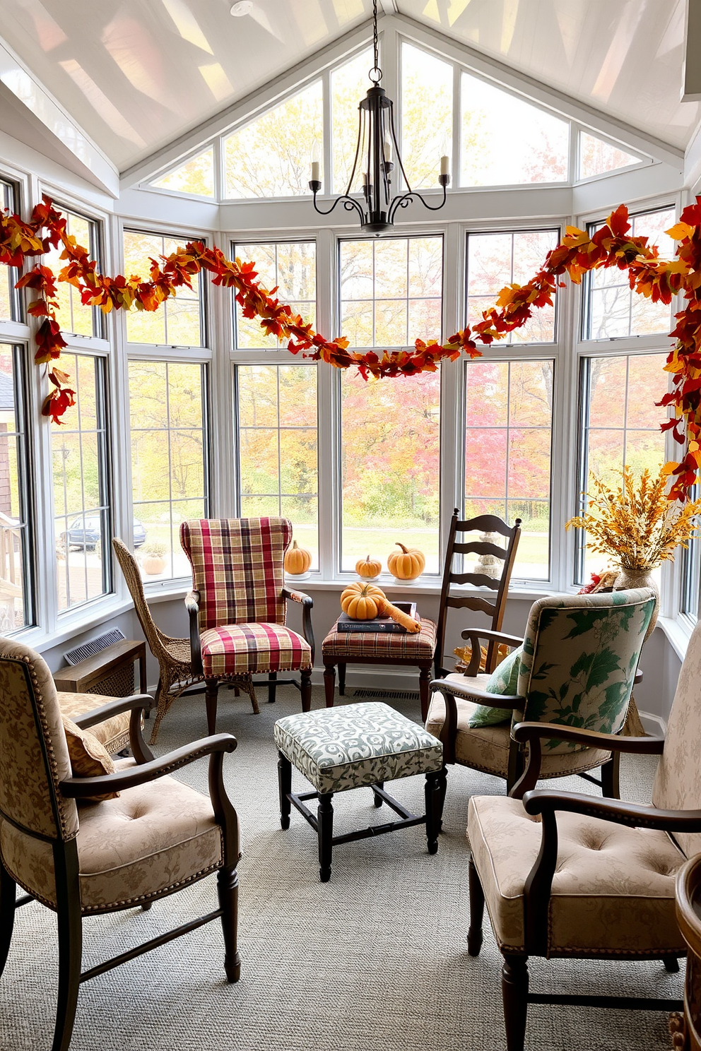 Mismatched chairs create an eclectic charm in a sunroom filled with natural light. Each chair features unique patterns and colors, inviting guests to relax and enjoy the festive atmosphere during Thanksgiving. The sunroom is adorned with warm autumnal decor, including pumpkins and garlands of leaves. Large windows frame the view of the changing foliage outside, enhancing the cozy and inviting ambiance.