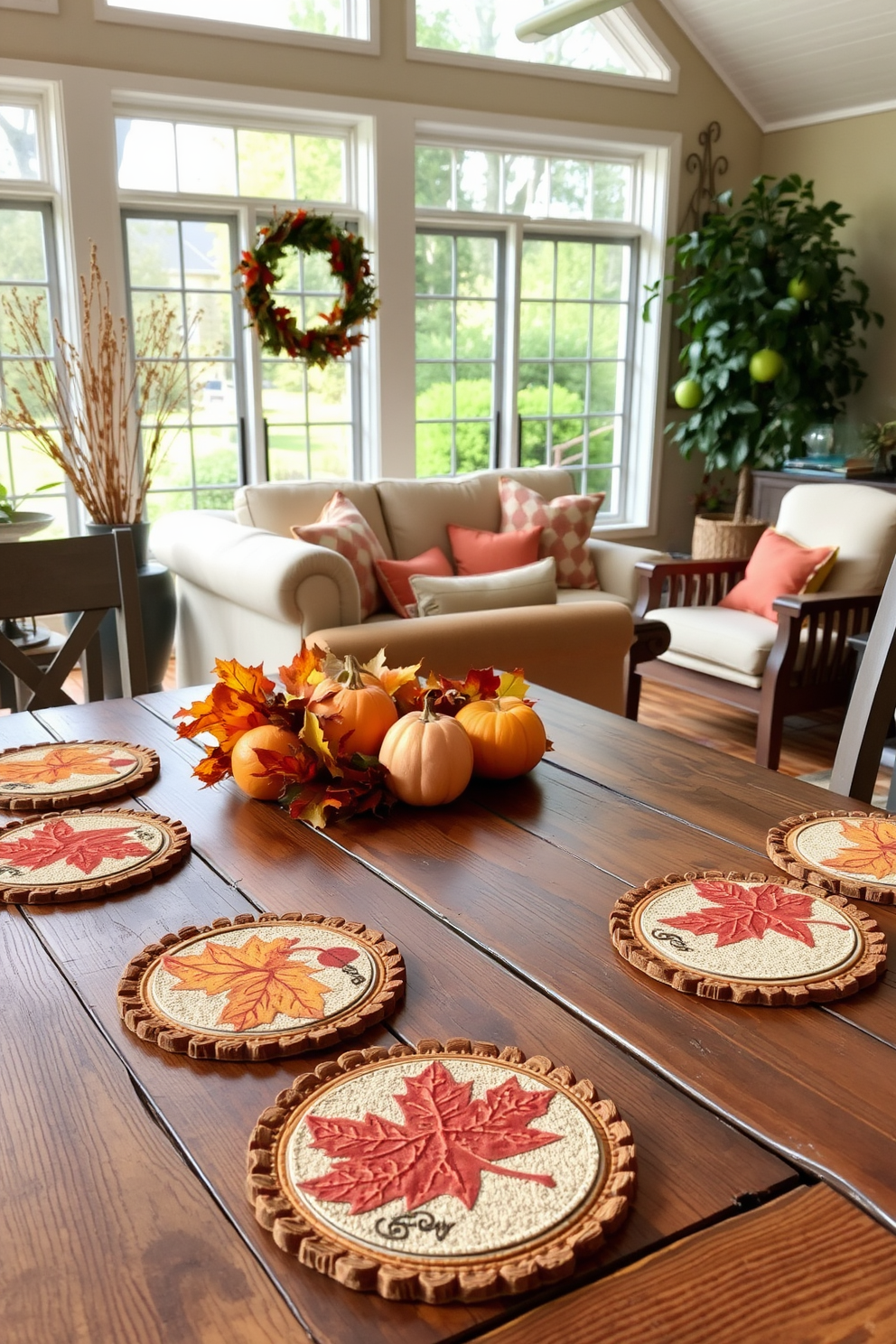 Thanksgiving-themed coasters are beautifully arranged on rustic wooden tables, featuring warm autumn colors and intricate leaf designs. The sunroom is adorned with cozy seating, surrounded by large windows that invite natural light, creating a welcoming atmosphere for family gatherings.