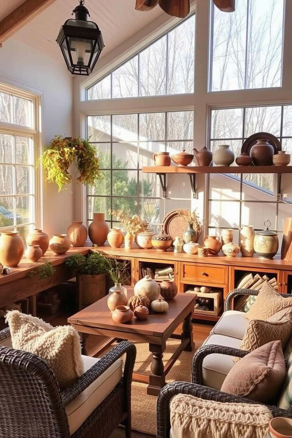 Artisan pottery adds a warm and rustic touch to the Thanksgiving sunroom. The space is filled with natural light, showcasing a mix of handmade ceramic pieces in earthy tones displayed on wooden shelves. Cozy seating arrangements with plush cushions invite guests to relax and enjoy the seasonal ambiance. Soft, warm lighting complements the pottery, creating a welcoming atmosphere perfect for gatherings.