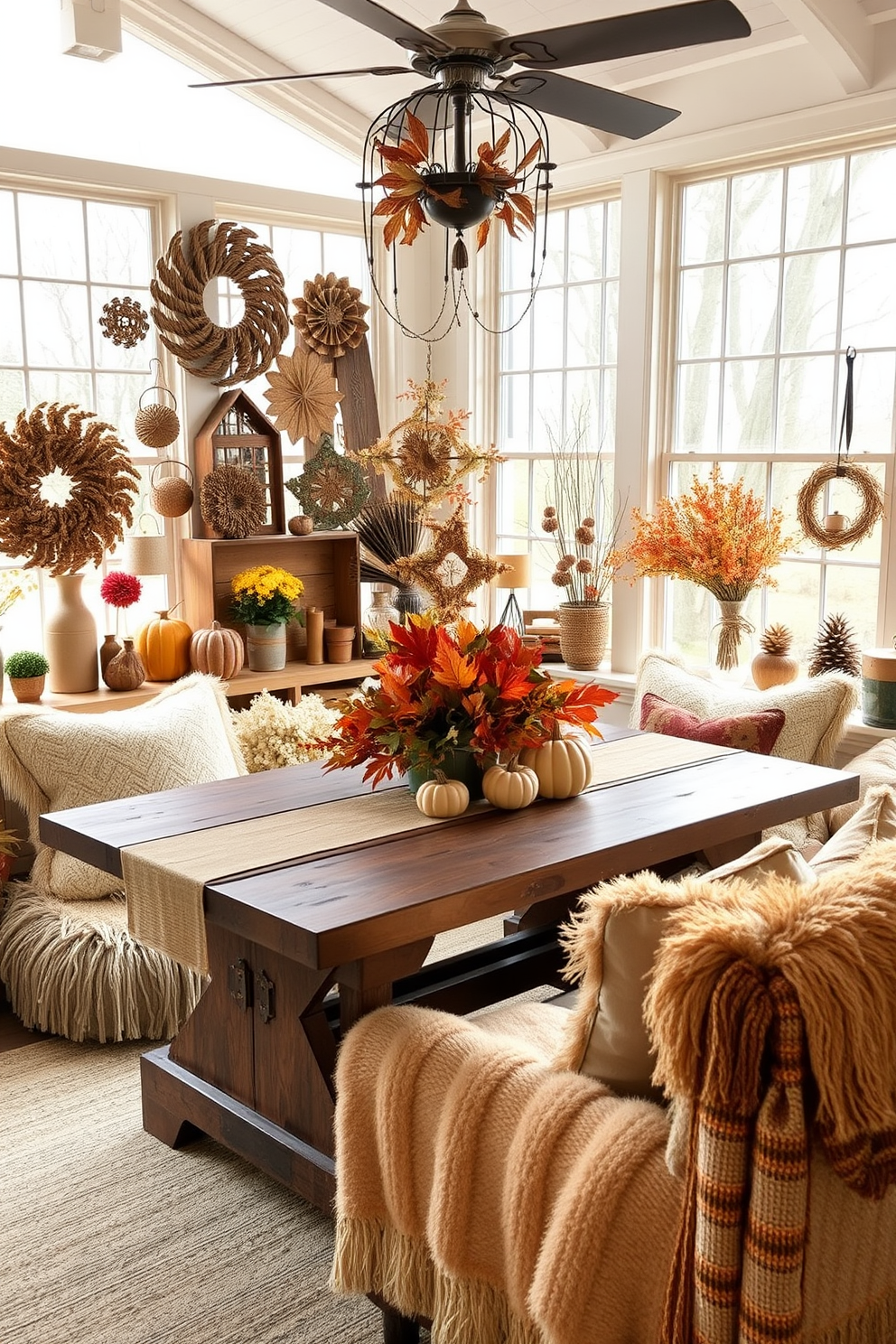 A cozy sunroom filled with handmade crafts that reflect personal touches. Soft, natural light filters through large windows, illuminating a collection of artisanal decorations and seasonal accents. The space features a rustic wooden table adorned with a handmade centerpiece of autumn leaves and pumpkins. Comfortable seating arrangements include plush cushions and throws in warm, inviting colors, creating an atmosphere perfect for Thanksgiving gatherings.