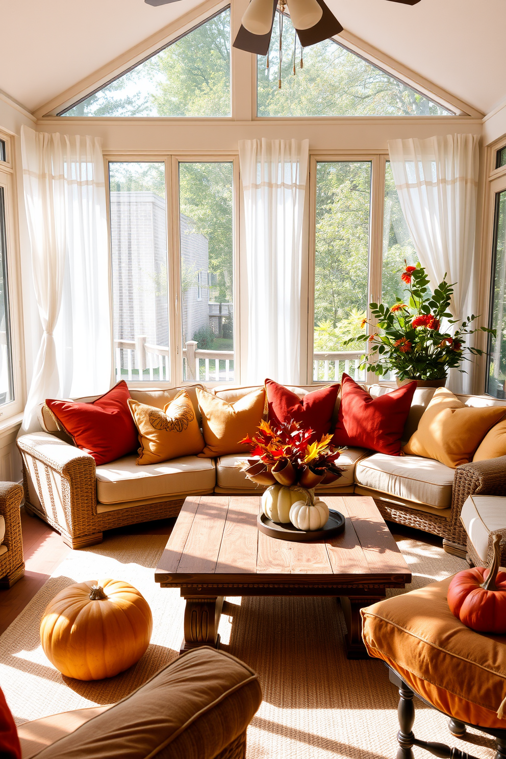 A cozy sunroom filled with natural light features a comfortable seating area adorned with warm-toned cushions in shades of orange, gold, and deep red. The cushions are arranged on a plush, neutral-toned sofa, creating an inviting atmosphere perfect for Thanksgiving gatherings. Surrounding the seating are large windows draped with sheer white curtains, allowing sunlight to filter in softly. A rustic wooden coffee table sits in the center, decorated with seasonal pumpkins and a centerpiece of autumn leaves.