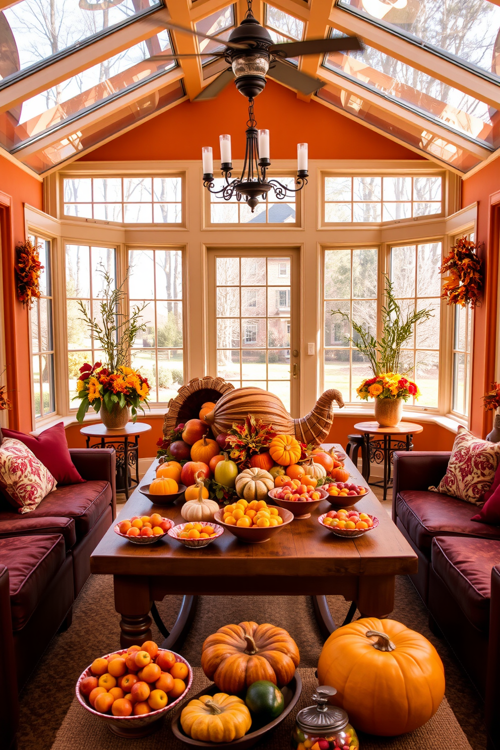 A vibrant sunroom filled with natural light showcases a stunning seasonal fruit display. A large wooden table in the center is adorned with a cornucopia overflowing with pumpkins, apples, and gourds, surrounded by small bowls of colorful citrus fruits. The walls are painted in warm earth tones, complementing the rich colors of the fruit. Plush seating in cozy fabrics invites guests to relax and enjoy the festive atmosphere, while autumn-themed decorations enhance the seasonal charm.