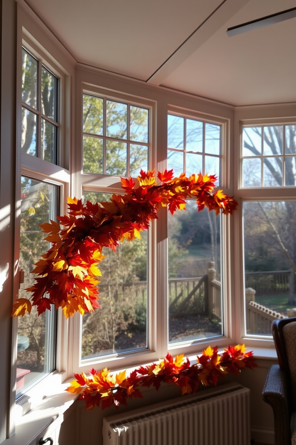 A cozy sunroom filled with natural light and warmth. The windowsills are adorned with a vibrant garland of autumn leaves, creating a festive Thanksgiving atmosphere.