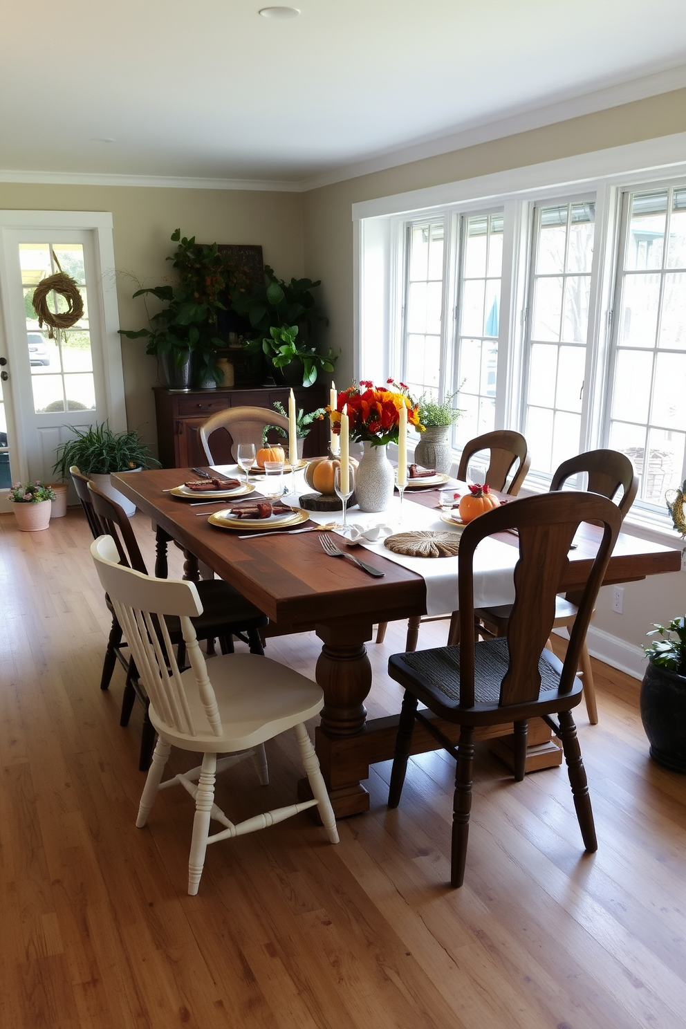 A rustic wooden table is set for a family gathering, adorned with a white tablecloth and vibrant autumn decorations. Surrounding the table are mismatched chairs, each with unique textures and colors, creating a warm and inviting atmosphere. In the sunroom, large windows allow natural light to flood the space, highlighting the rich wood tones of the table. Potted plants and seasonal decor, such as pumpkins and candles, add a cozy touch to the overall design.