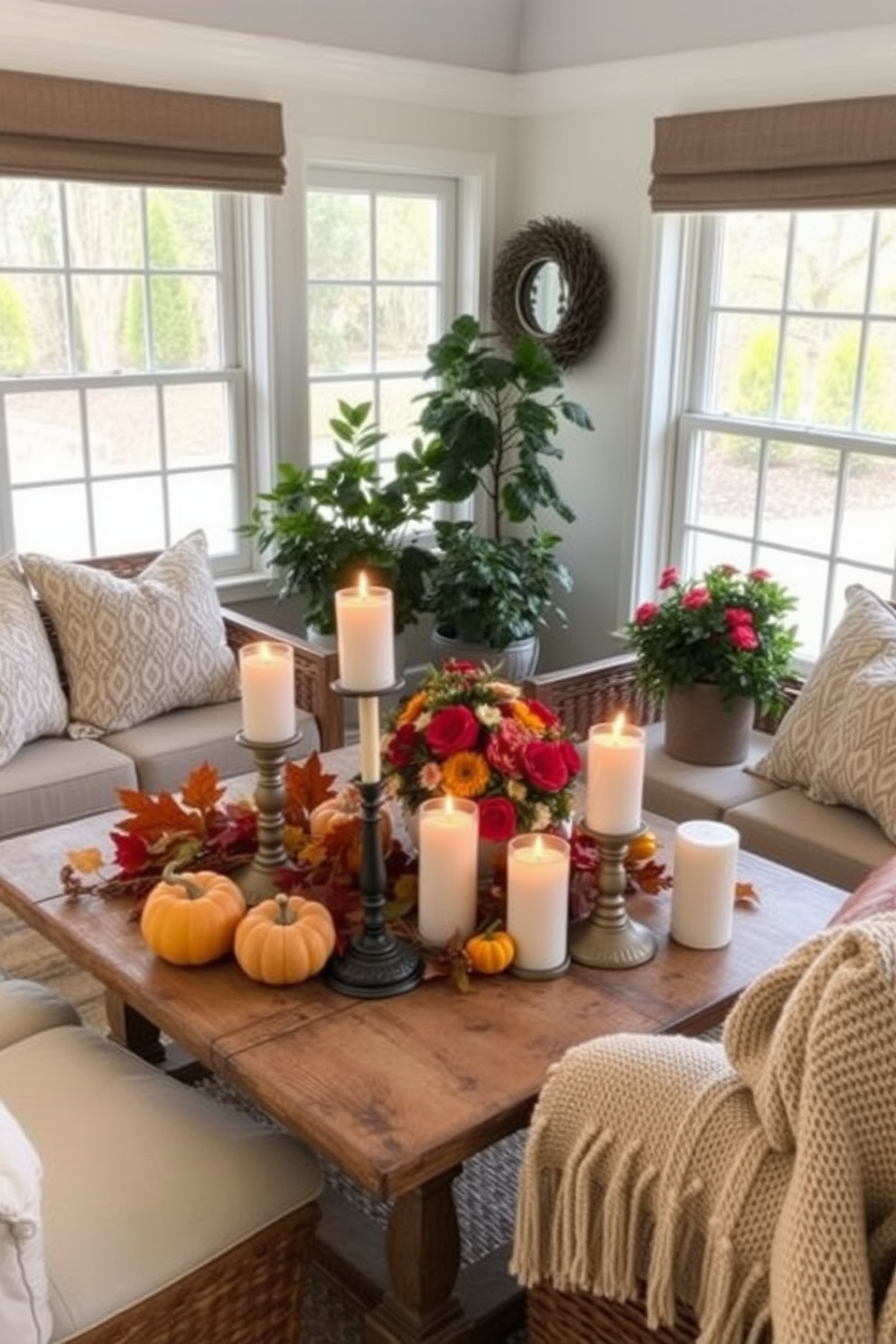 Candle arrangements create a warm and inviting atmosphere in the sunroom. Use various heights and sizes of candles placed on a rustic wooden table, surrounded by autumn leaves and small pumpkins for a festive Thanksgiving touch. Incorporate soft, neutral textiles such as plush throw pillows and a cozy blanket on the seating. Add a touch of nature with potted plants and a centerpiece of seasonal flowers to enhance the inviting decor.