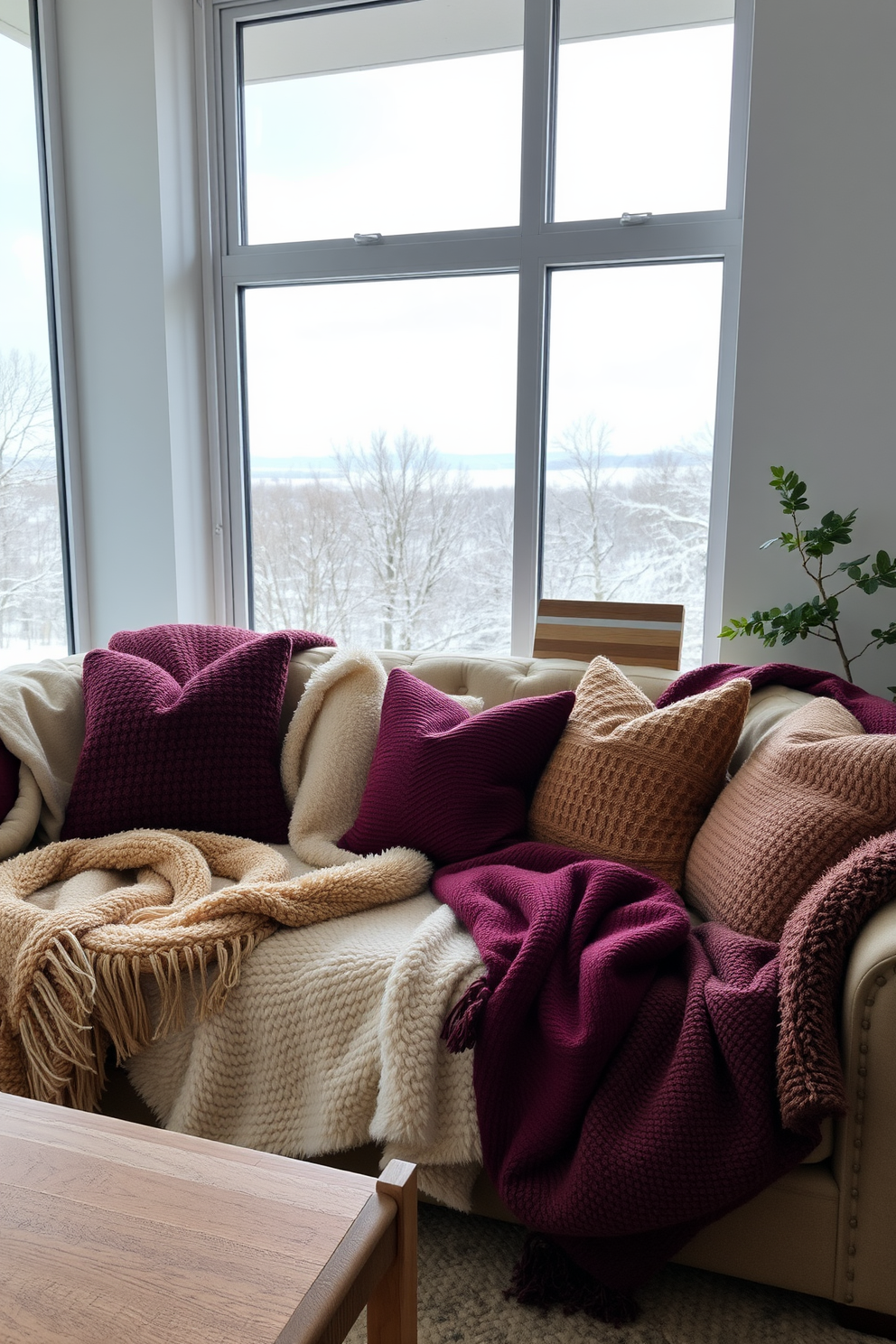 A warm and inviting winter apartment setting. The couch is adorned with an assortment of cozy blankets in soft textures and rich colors, creating a perfect spot for relaxation. Large windows let in natural light, showcasing a picturesque snowy landscape outside. Decorative pillows in complementary hues add an extra layer of comfort and style to the space.