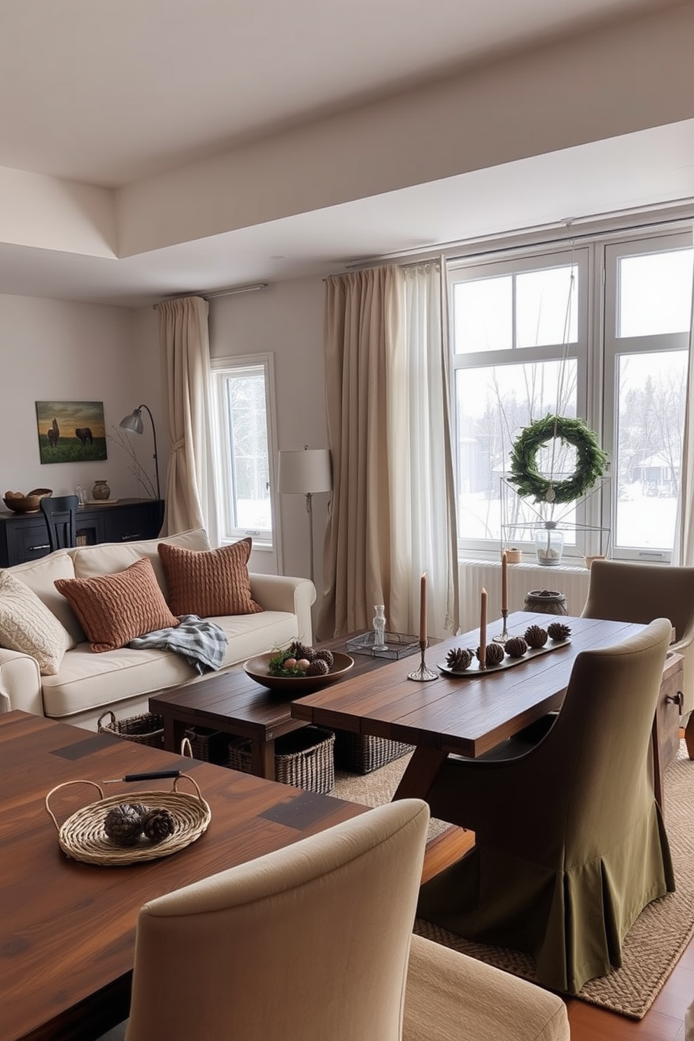 A cozy winter apartment filled with earthy tones creates a calming atmosphere. The living room features a soft beige sofa adorned with textured throw pillows in warm browns and deep greens. A rustic wooden coffee table sits in the center, surrounded by woven baskets for storage. Large windows dressed in sheer curtains allow natural light to filter in, highlighting the rich hues of the decor. The dining area showcases a reclaimed wood table paired with comfortable chairs upholstered in a muted olive fabric. A centerpiece of pinecones and candles adds a touch of seasonal charm, enhancing the inviting ambiance.