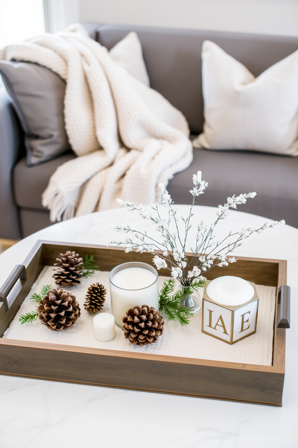 Decorative trays arranged on a stylish coffee table showcase an array of seasonal decor elements. The trays feature pinecones, candles, and small evergreen branches, creating a cozy winter atmosphere. A plush throw blanket drapes over the arm of a modern sofa, inviting warmth and comfort. Soft, neutral pillows complement the decor, while a delicate winter-themed centerpiece adds a touch of elegance to the table.