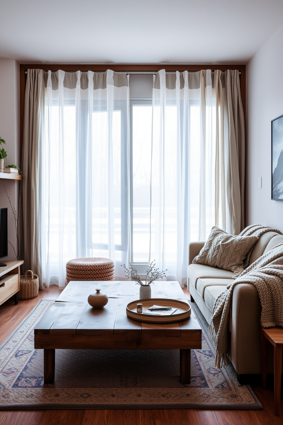 A cozy winter apartment setting featuring wooden accents throughout the space. The living room has a reclaimed wood coffee table paired with a plush sofa adorned with warm, knitted throws. The walls are painted in soft, neutral tones to enhance the rustic charm. A large window is dressed with thick, textured curtains that let in soft, diffused light, creating an inviting atmosphere.