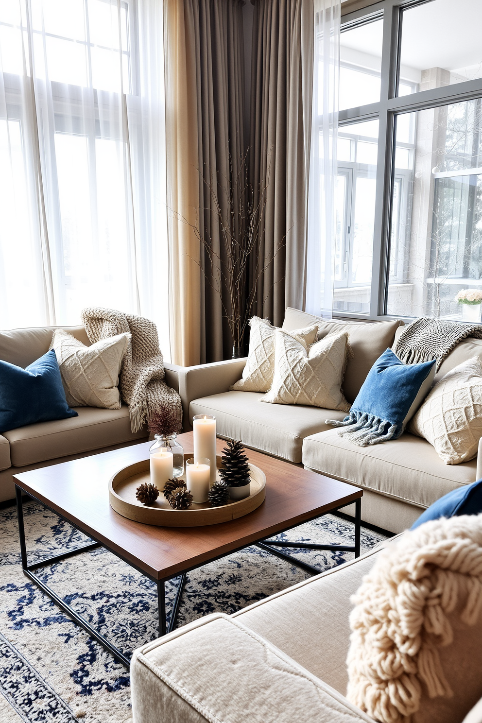 A cozy winter apartment living room features comfortable seating adorned with soft, plush fabrics that invite relaxation. The color palette includes warm neutrals and deep blues, complemented by a textured throw blanket draped over the arm of the sofa. A stylish coffee table sits in front of the seating area, topped with seasonal decor such as pinecones and candles. Large windows allow natural light to flood the space, while sheer curtains add an airy feel to the winter ambiance.