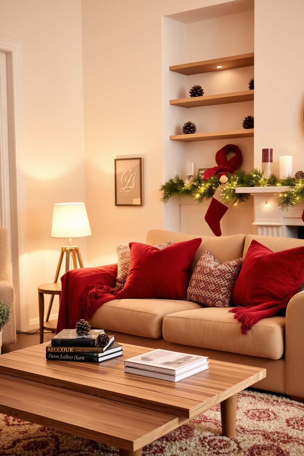 A cozy winter apartment setting filled with warm colors. The living room features a plush beige sofa adorned with soft throw pillows in shades of rust and deep red. A wooden coffee table sits in front of the sofa, topped with a stack of books and a scented candle. Soft, ambient lighting from a stylish floor lamp creates an inviting atmosphere, while a large area rug adds warmth underfoot. The walls are painted in a soft cream hue, enhancing the warmth of the space. Seasonal decorations, such as pinecones and twinkling fairy lights, are tastefully arranged on shelves and mantels.