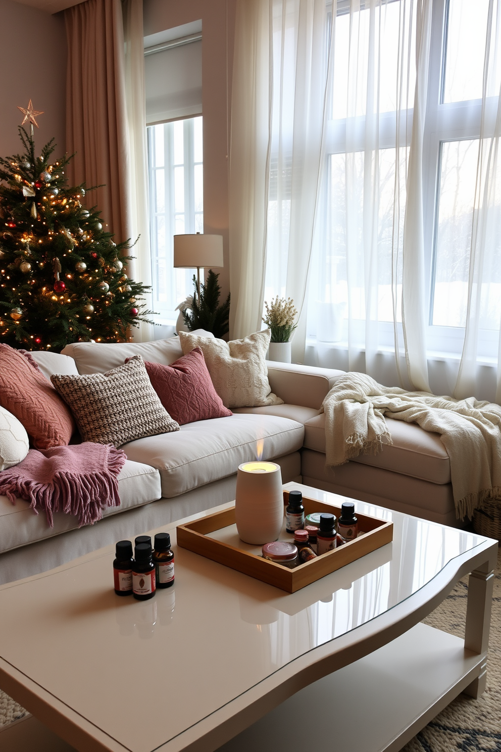 A cozy winter apartment filled with seasonal scents from essential oils. The living room features a plush, oversized sofa adorned with soft, textured blankets and seasonal throw pillows. A beautifully decorated coffee table holds a collection of essential oil bottles alongside a small diffuser emitting a warm glow. The windows are draped with sheer curtains, allowing soft natural light to filter through, enhancing the inviting atmosphere.