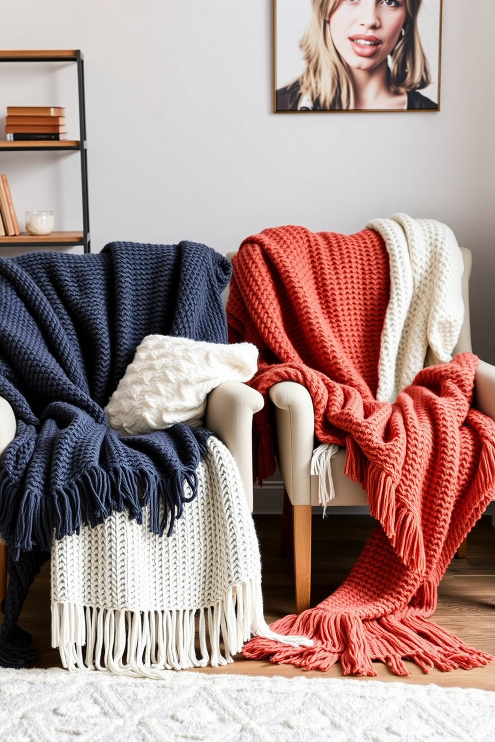 A cozy winter apartment setting featuring chairs adorned with soft knitted throws in various textures and colors. The warm hues of the throws contrast beautifully with the cool tones of the room, creating an inviting atmosphere.