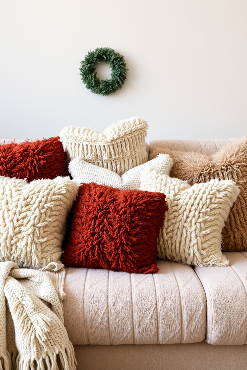 A cozy winter apartment setting featuring a collection of warm throw pillows in various soft textures. The pillows are arranged artfully on a plush sofa, creating an inviting atmosphere perfect for relaxation.