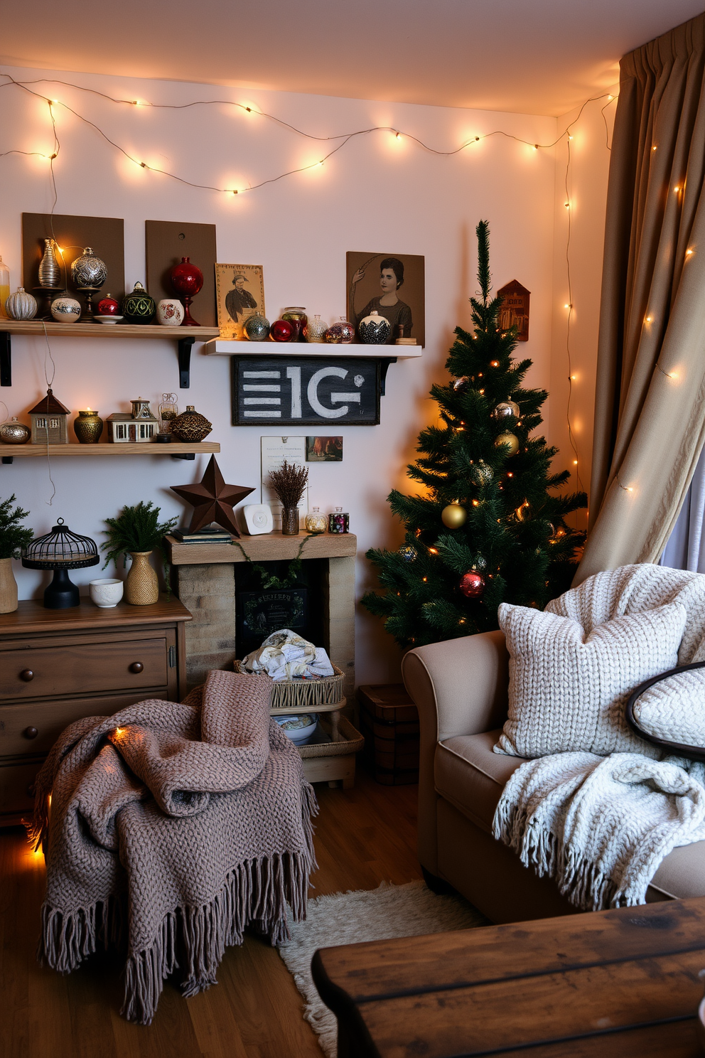 A cozy winter apartment setting adorned with vintage ornaments creatively arranged on shelves and tabletops. The warm glow of string lights complements the rich textures of knitted throws and rustic wooden furniture.