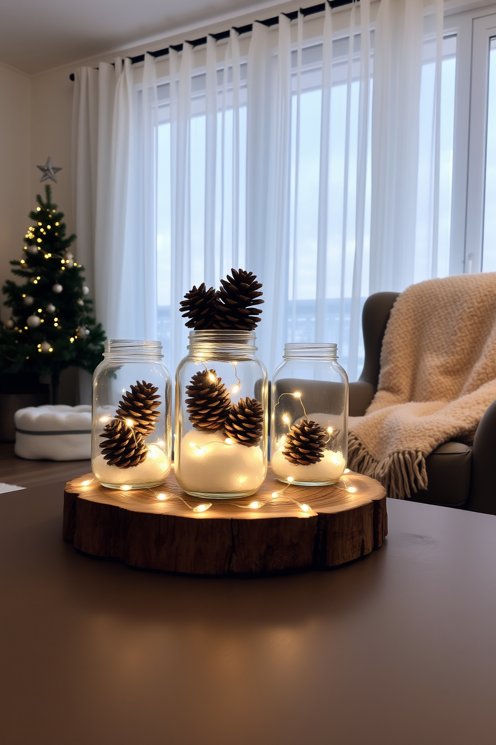 Mason jars filled with pinecones and artificial snow sit on a rustic wooden table. Soft fairy lights twinkle around the jars, creating a warm and inviting atmosphere in the cozy winter apartment. A plush throw blanket drapes over a stylish armchair, complementing the seasonal decor. The windows are adorned with sheer white curtains that let in soft natural light, enhancing the winter ambiance.