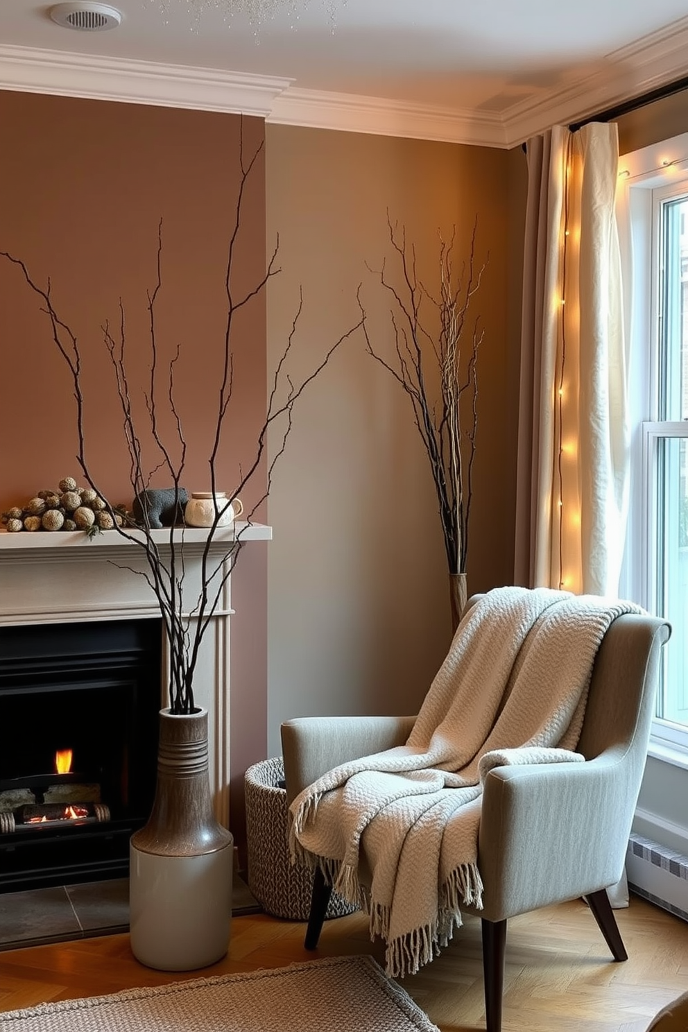 A nature-inspired decor setting features branches elegantly arranged in a tall ceramic vase. The walls are adorned with earthy tones, complemented by soft textiles that evoke a cozy, organic atmosphere. For winter apartment decorating ideas, a plush throw blanket drapes over a stylish armchair next to a warm fireplace. Twinkling fairy lights are strung across the windows, creating a magical ambiance that invites relaxation.