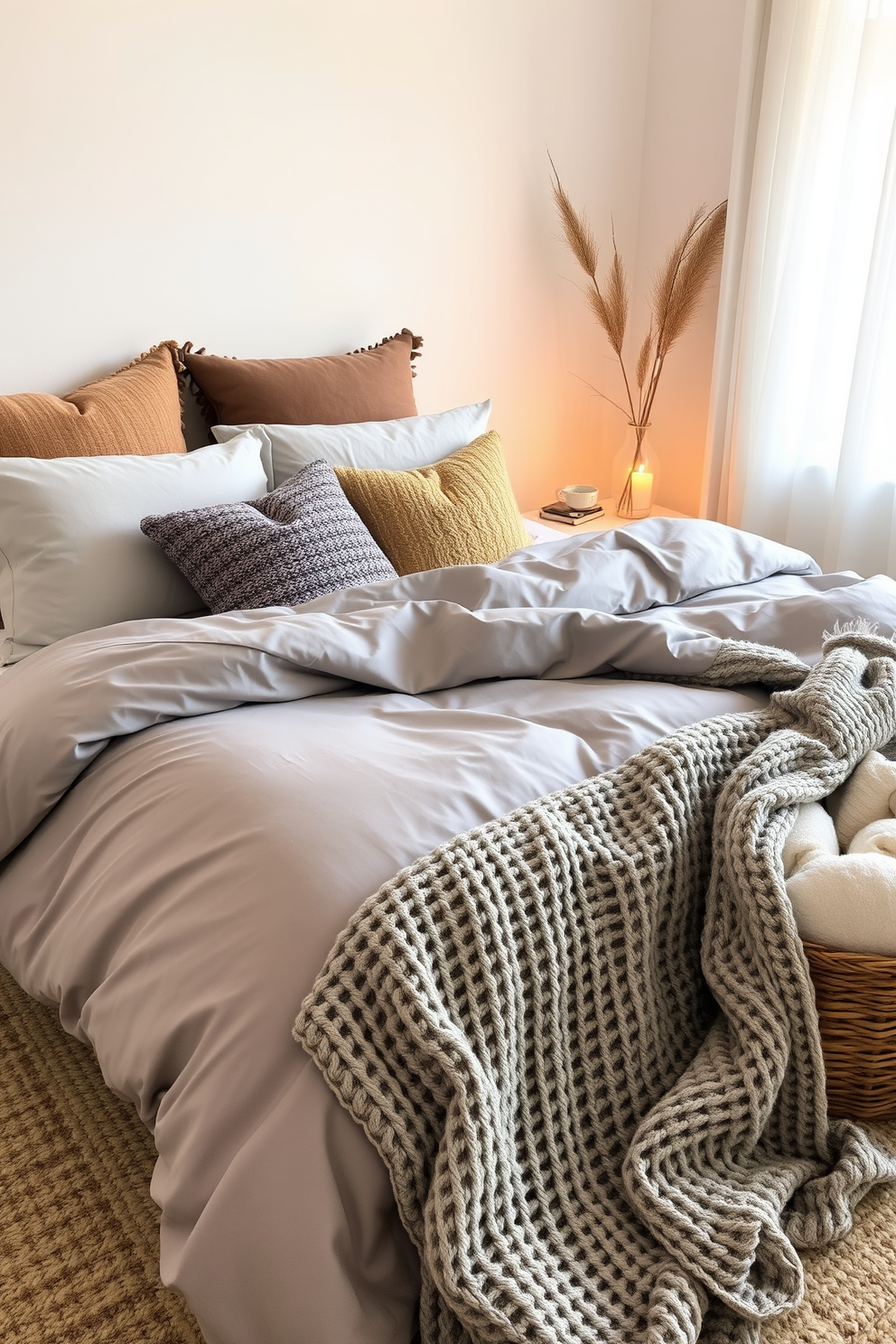 Cozy layered bedding in a winter apartment setting. The bed features a plush duvet in soft gray, accented with an array of textured throw pillows in warm tones. A chunky knit blanket drapes over the foot of the bed, inviting relaxation. The surrounding decor includes a small bedside table with a glowing lamp and a woven basket filled with soft throws.