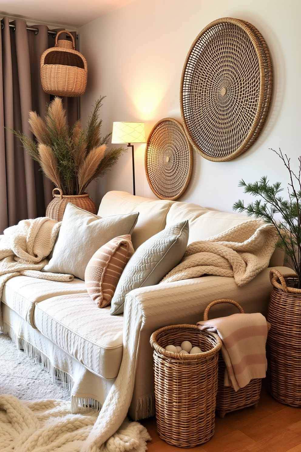 A cozy winter apartment setting featuring decorative baskets for storage solutions. The baskets are woven with natural fibers and placed strategically around the room to enhance both functionality and aesthetics. In the living area, a plush sofa is adorned with soft, warm blankets and pillows, creating an inviting atmosphere. The space is illuminated by soft, ambient lighting that highlights the baskets' textures and colors.