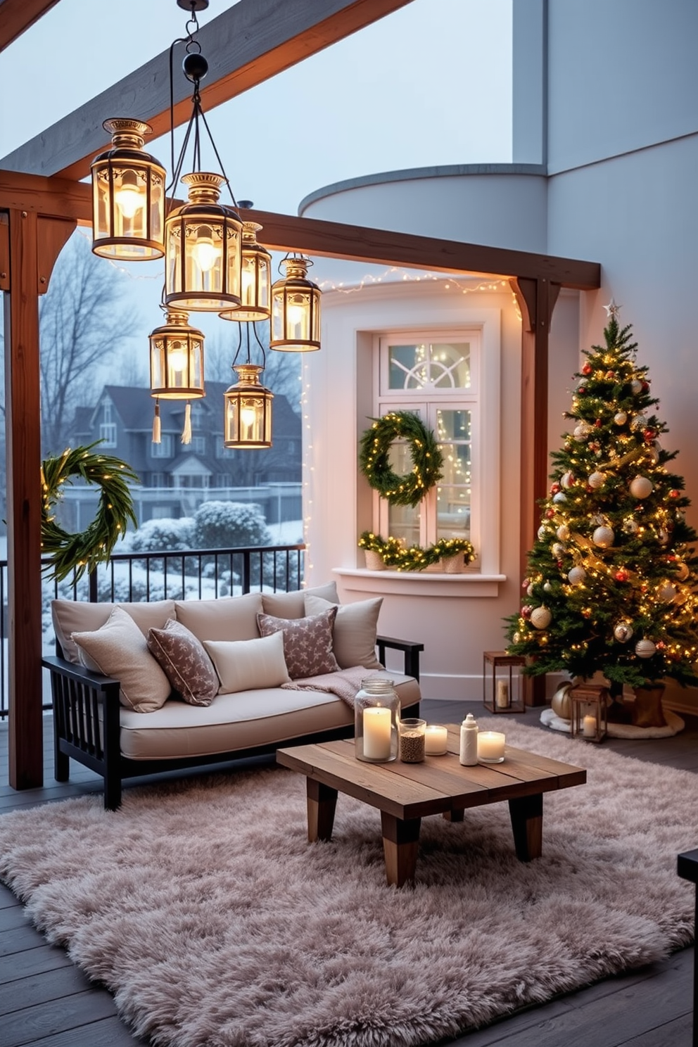 Charming lanterns for outdoor spaces. A collection of elegant lanterns hangs from a wooden pergola, casting a warm glow over a cozy seating area with plush cushions and a rustic coffee table. Winter Apartment Decorating Ideas. The living room features a soft, neutral color palette with a large, fluffy area rug, a beautifully decorated Christmas tree in the corner, and twinkling fairy lights adorning the windows for a festive touch.