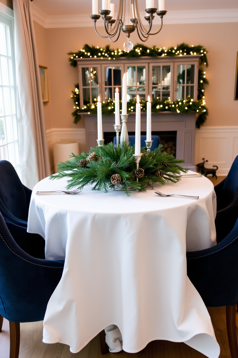 A cozy winter dining table setting adorned with a crisp white tablecloth and silver cutlery. Centered on the table is a stunning arrangement of evergreen branches, pinecones, and white candles in elegant holders. The dining area features a warm and inviting atmosphere with soft, ambient lighting. Surrounding the table are plush upholstered chairs in deep navy, complementing the winter theme.