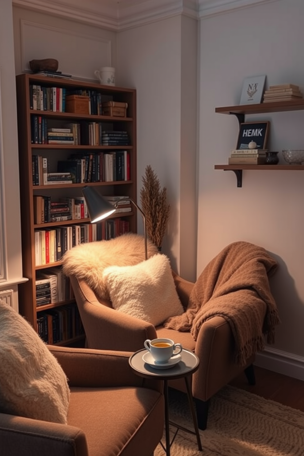 Cozy nooks designed for relaxation feature plush armchairs draped with soft throws. A stylish reading lamp stands beside the chair, casting a warm glow in the inviting winter apartment setting. The walls are adorned with shelves filled with books and decorative items. A small side table holds a steaming cup of tea, creating the perfect ambiance for a peaceful reading experience.