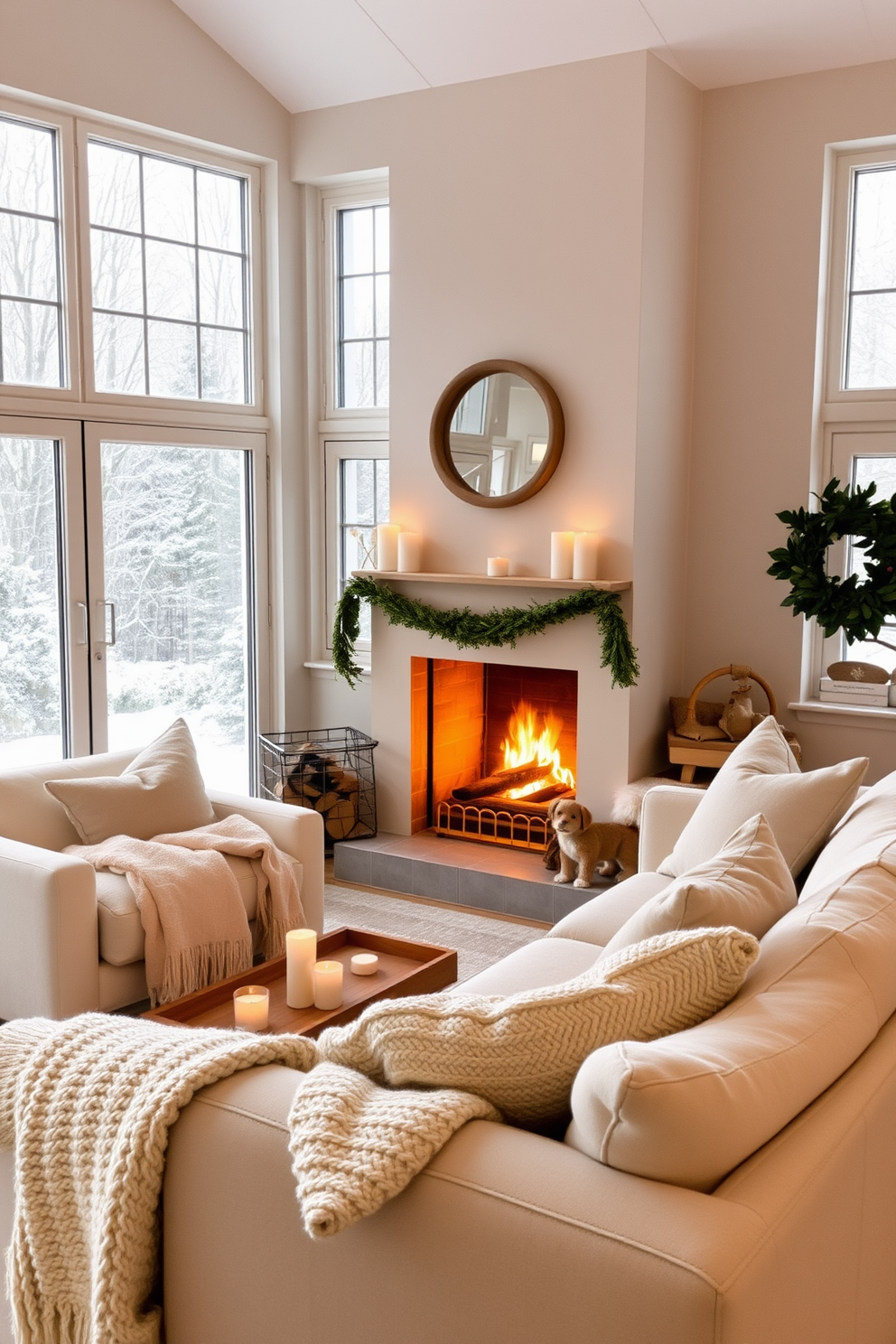 A cozy living room filled with hygge-inspired decor. Soft neutral tones dominate the space with plush textiles and layered blankets draped over a comfortable sofa. A warm fireplace is the focal point, surrounded by candles and natural wood accents. Large windows invite natural light, showcasing a view of gently falling snow outside.