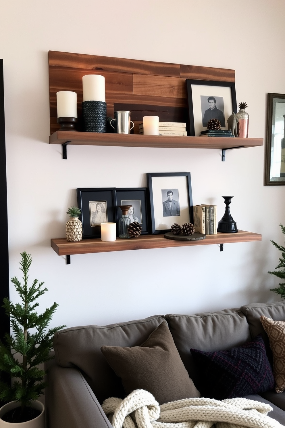 A cozy winter apartment setting with wall-mounted shelves filled with decorative items. The shelves are made of reclaimed wood and adorned with a mix of candles, books, and seasonal decor like pinecones and small evergreen plants.